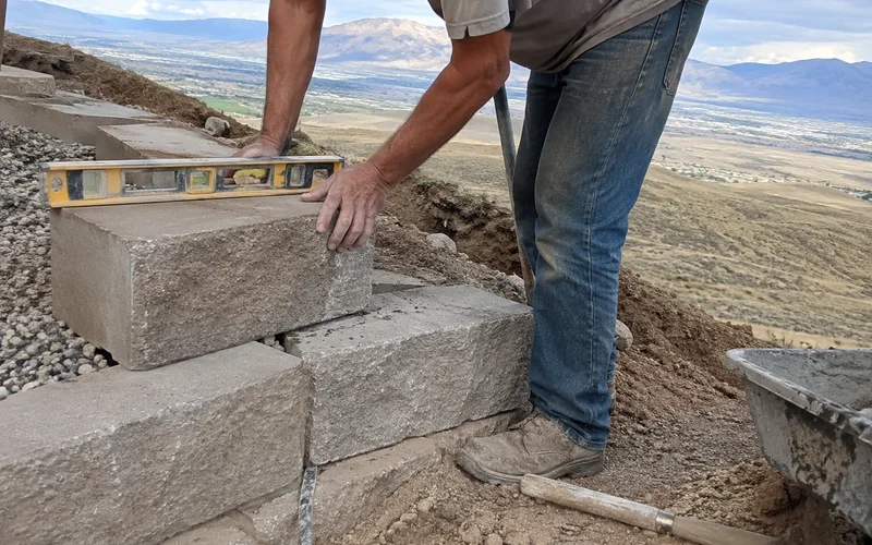 Close-up of a segmental block retaining wall course being set level