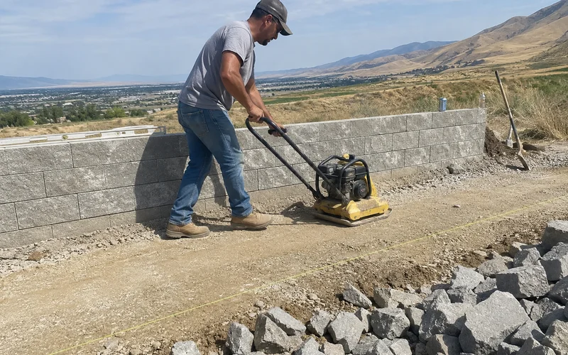 Crew compacting road base for a retaining wall footing