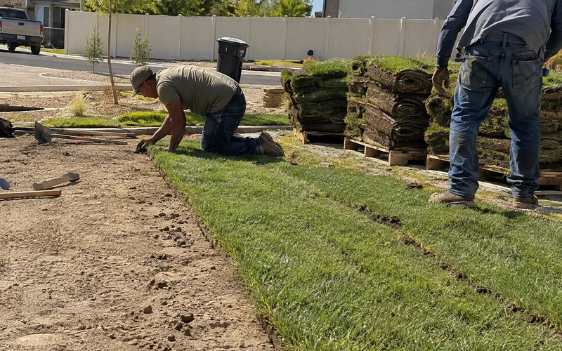 Crew installing irrigation and laying sod on a new Utah yard
