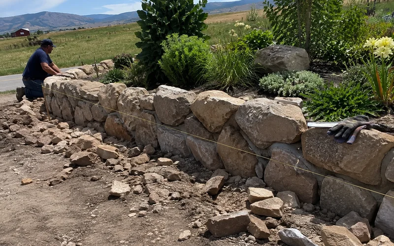 Decorative fieldstone accent wall edging a planted bed in a rural Utah landscape
