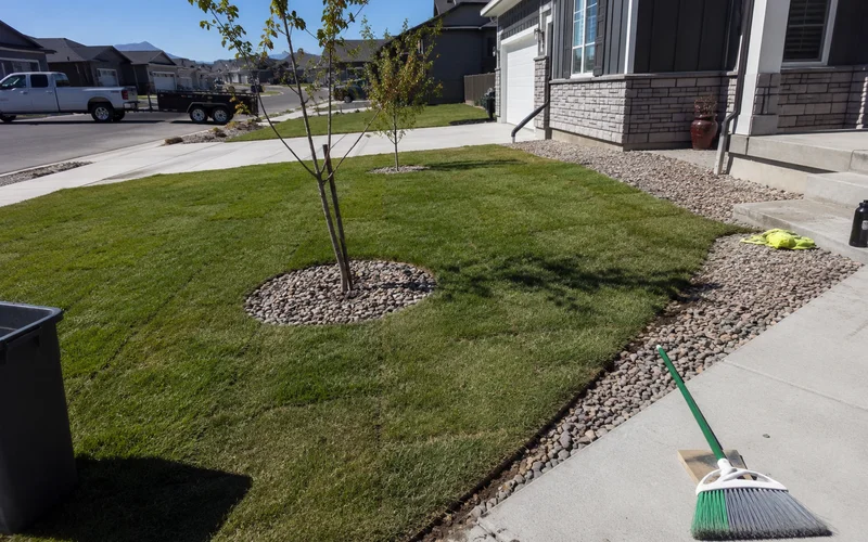 A finished HOA-compliant front yard with new sod, young trees and edged gravel beds