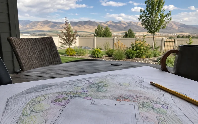 Hand-drawn landscape plan on paper with plant labels and bed lines