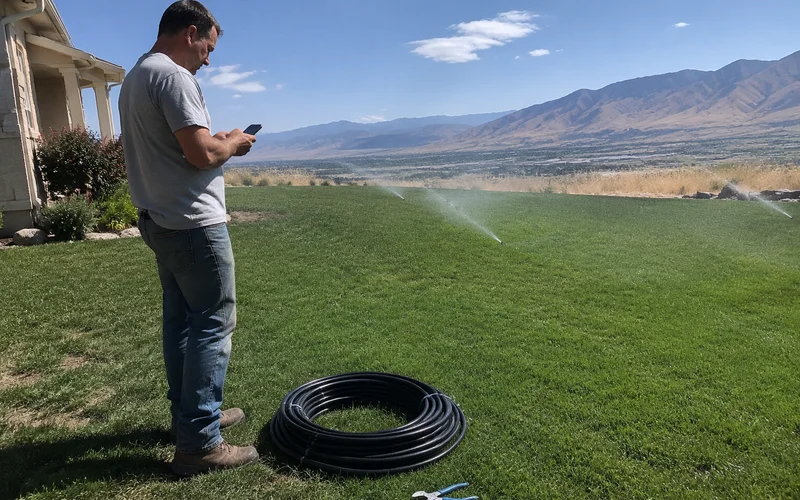 Homeowner adjusting a sprinkler watering schedule on a phone app in the yard