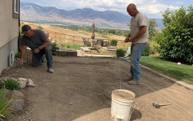 Homeowner and contractor marking out a patio layout with stakes and string