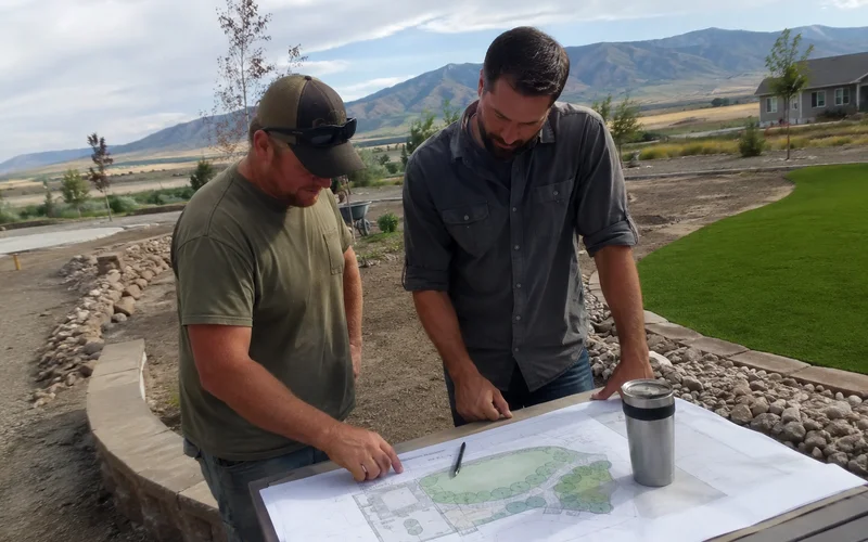 Homeowner and contractor reviewing a yard plan on paper outdoors