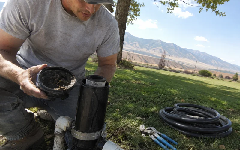 Irrigation filter canister being opened and cleaned, with sediment visible inside