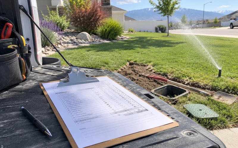 Itemized irrigation estimate on a clipboard in a Utah yard