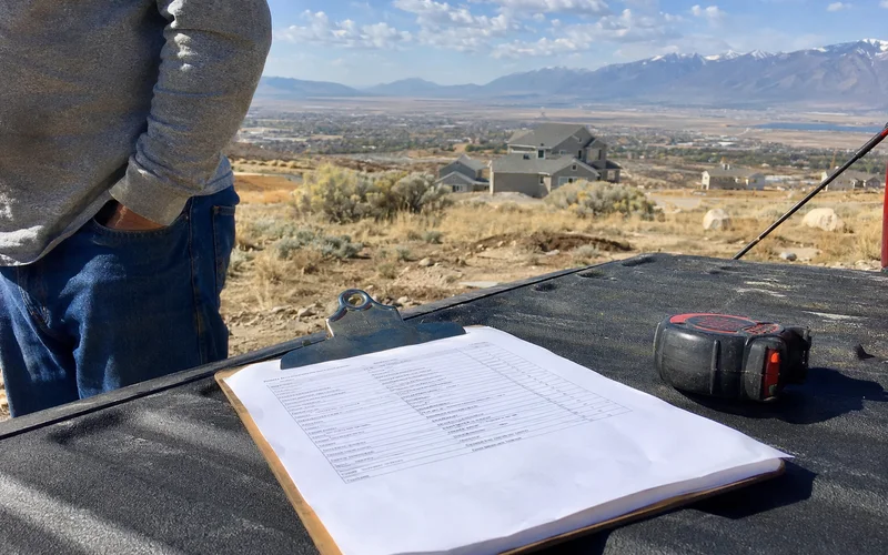 An itemized landscaping estimate on a clipboard next to a tape measure
