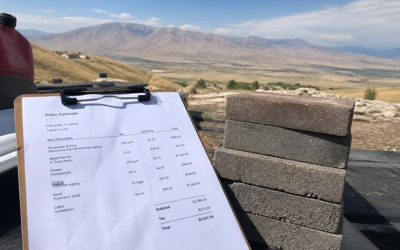 Itemized patio estimate on a clipboard beside a stack of sample pavers