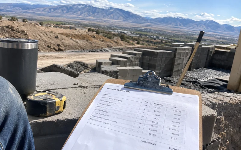 Itemized retaining wall estimate on a clipboard resting on stacked blocks