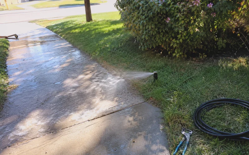 Leaking sprinkler head spraying sideways across a driveway instead of the lawn