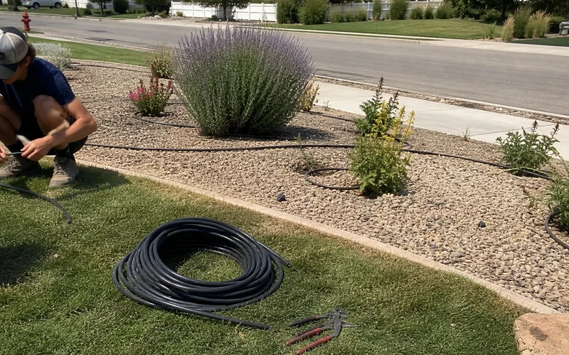 Localscapes-style park strip with drought-tolerant plants, gravel and drip lines