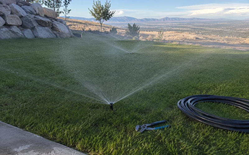 New sprinkler heads installed and running in a freshly laid lawn
