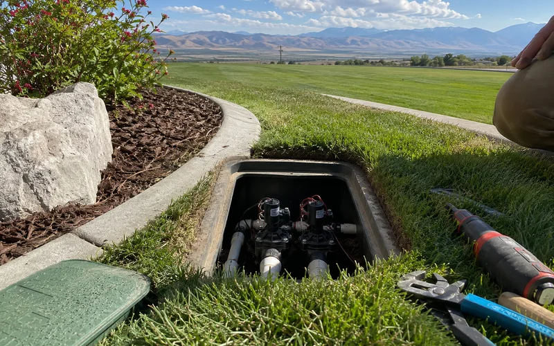 Open irrigation valve manifold box with solenoid valves and wiring