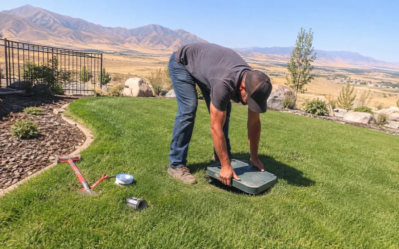 Technician closing an irrigation valve box after finishing a blowout
