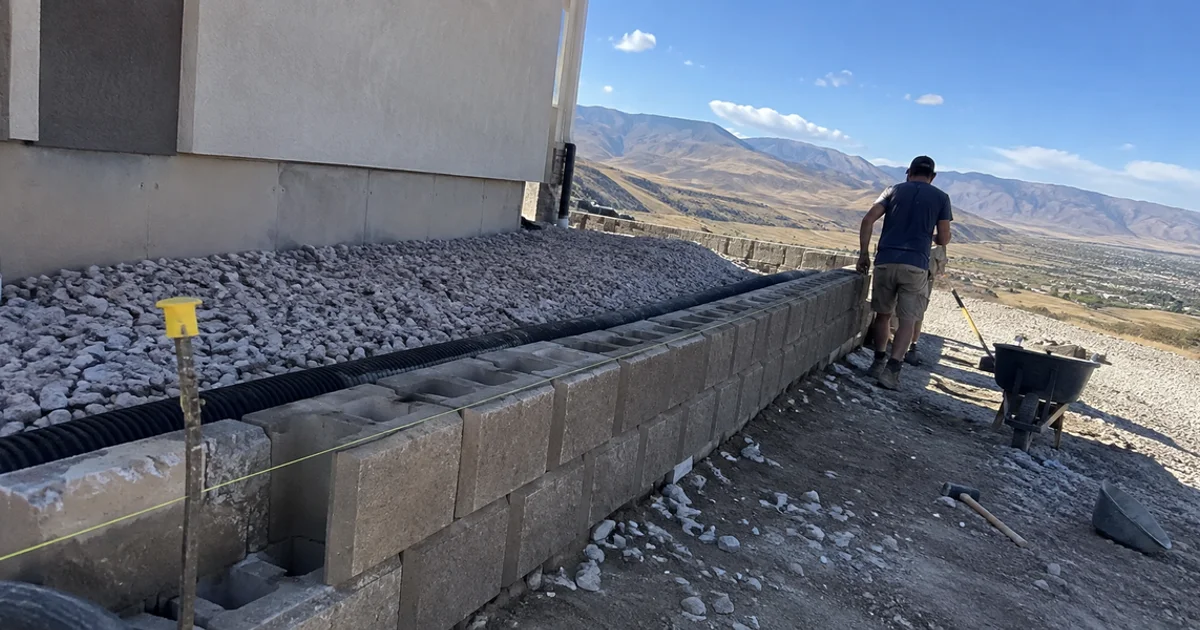 Cross-section of a retaining wall under construction showing drain rock and perforated pipe behind the blocks