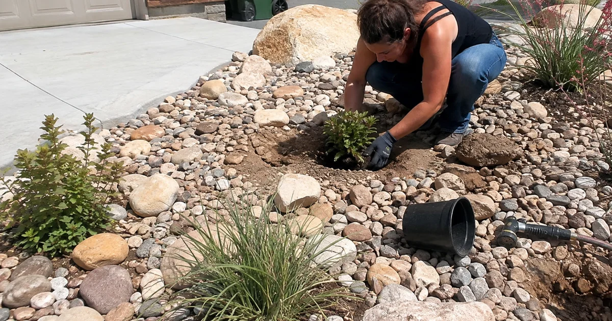 Decorative rock landscape bed with mixed rock sizes around drought-tolerant plants