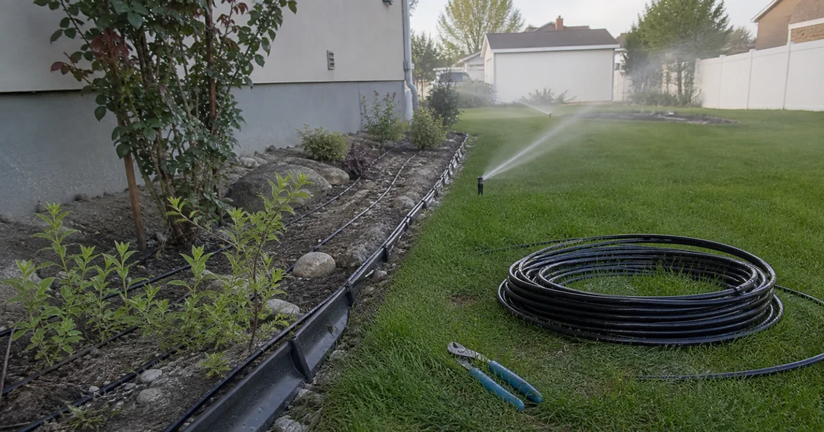 Garden bed with drip lines beside a lawn with spray sprinklers running