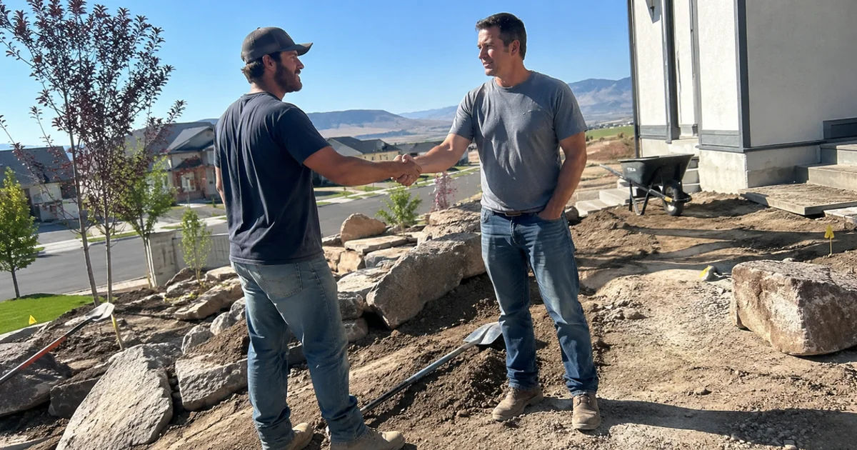 Landscape contractor shaking hands with a homeowner in a new-build Utah yard