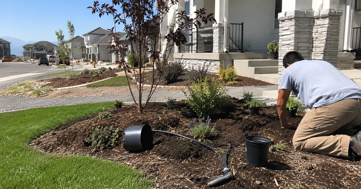 A new Utah subdivision street with several homes showing freshly finished front-yard landscaping