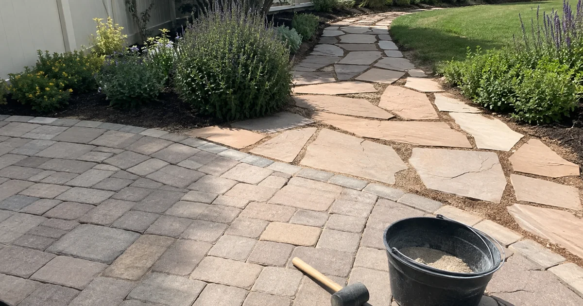 Paver patio meeting a flagstone walkway in a Utah back yard with planted borders