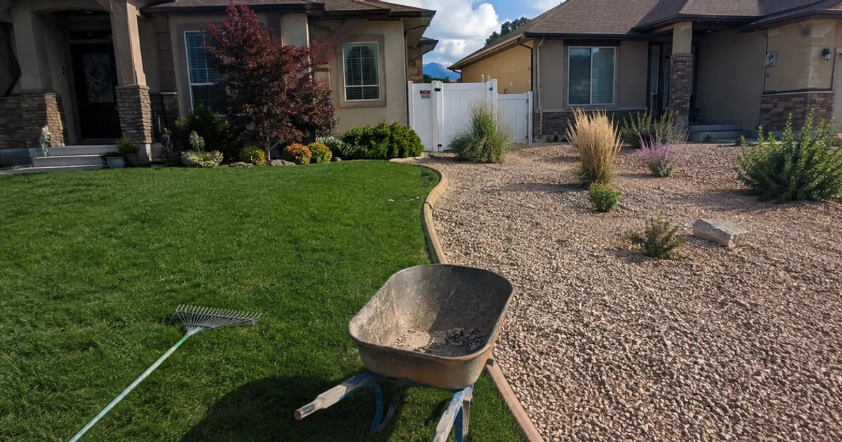 Side-by-side Utah front yards: a traditional green lawn beside a water-wise gravel and plant design