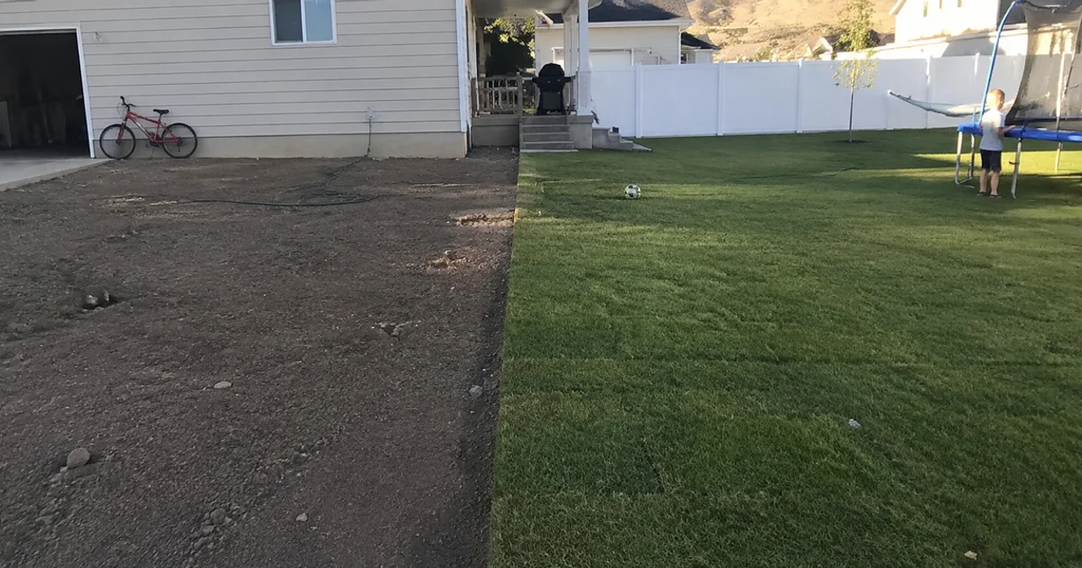 Split before-and-after view of a Utah yard: bare dirt on one side, finished green lawn on the other