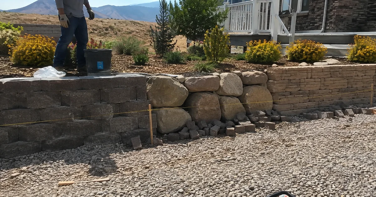 Three retaining wall styles side by side: segmental block, natural boulder and cut stone