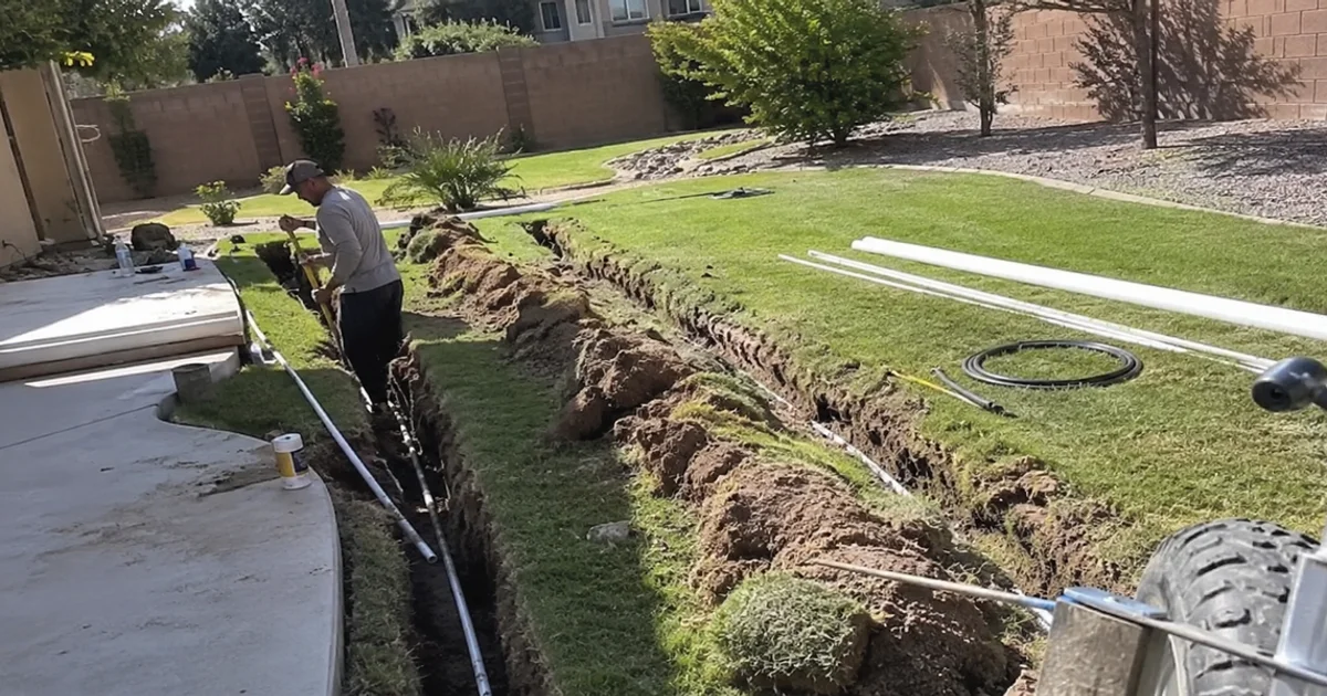 Trenching for new sprinkler lines across a Utah residential yard