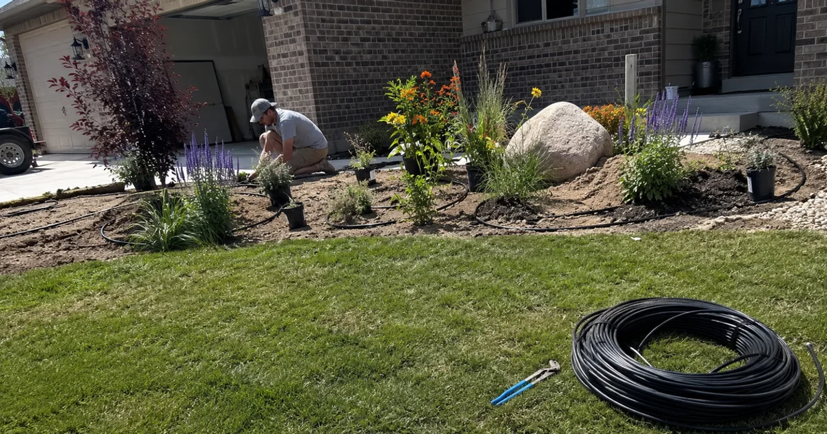 Utah front yard mid-conversion with half the lawn removed and new drip-irrigated beds going in