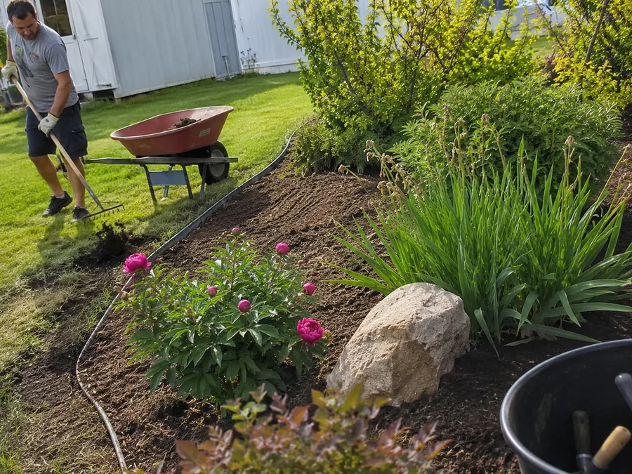 Fresh mulch being topped up around established plants in a tidy landscape bed