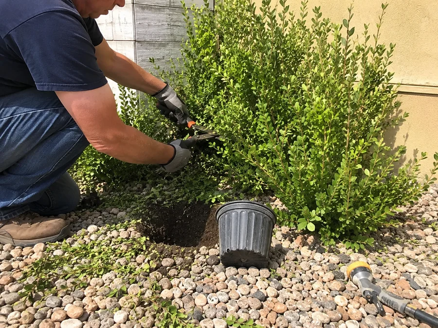Shrubs being trimmed back with hand shears along a Utah front yard border